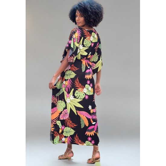 Vestido Kaftan Viscose Longo Estampa Noite Botânica