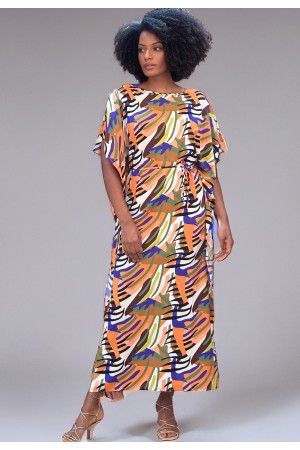 Vestido Kaftan Viscose Longo Estampa Cores Vibrante