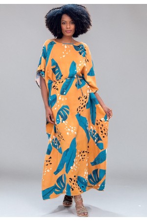 Vestido Kaftan Viscose Longo Estampa Aurora Botânica