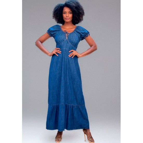  Vestido Longo com Manga Curta Jeans