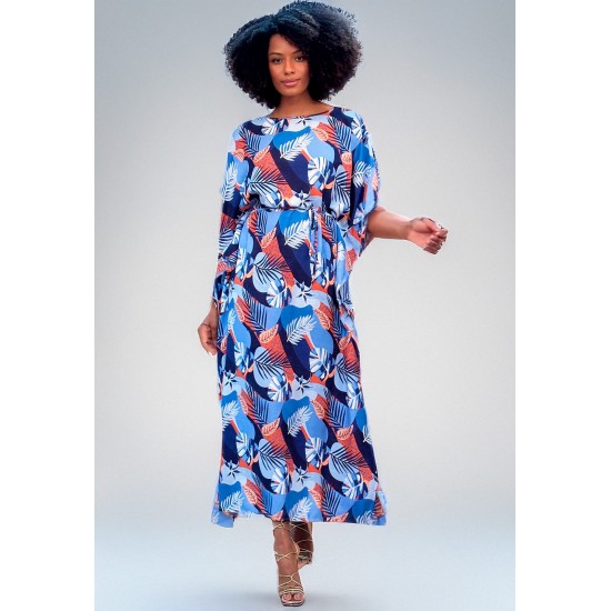 Vestido Kaftan Viscose Longo Estampa Jardim Celeste