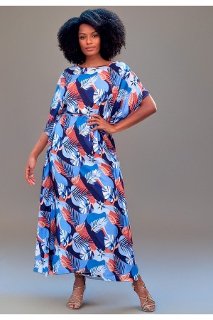 Vestido Kaftan Viscose Longo Estampa Jardim Celeste