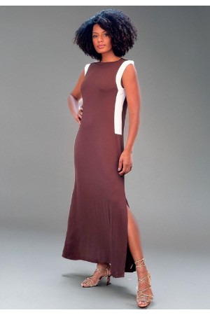 Vestido Longo Malha  com Detalhes Branco e Marrom