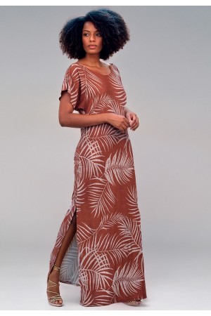 Vestido Longo Malha Fenda na Lateral Estampa Palmas Terra