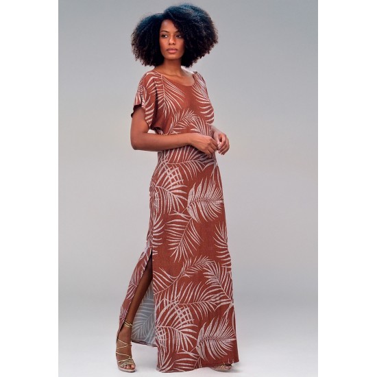 Vestido Longo Malha Fenda na Lateral Estampa Palmas Terra