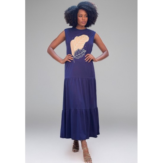Vestido Longo Regata Curta Folha Azul