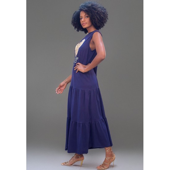 Vestido Longo Regata Curta Folha Azul