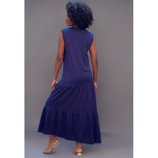 Vestido Longo Regata Curta Folha Azul