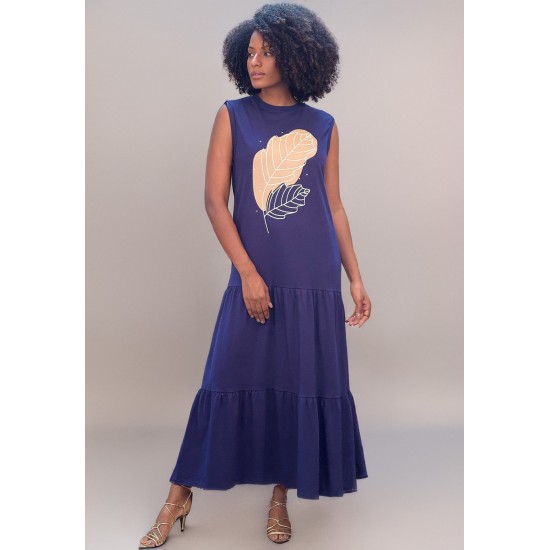 Vestido Longo Regata Curta Folha Azul