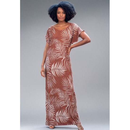 Vestido Longo Malha Fenda na Lateral Estampa Palmas Terra