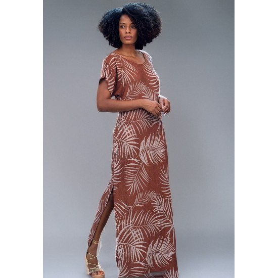 Vestido Longo Malha Fenda na Lateral Estampa Palmas Terra