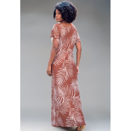 Vestido Longo Malha Fenda na Lateral Estampa Palmas Terra