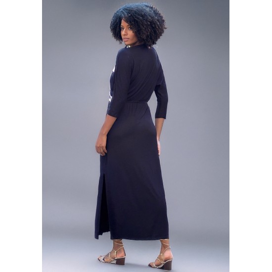 Vestido Longo Malha com Manga 3/4 Preto