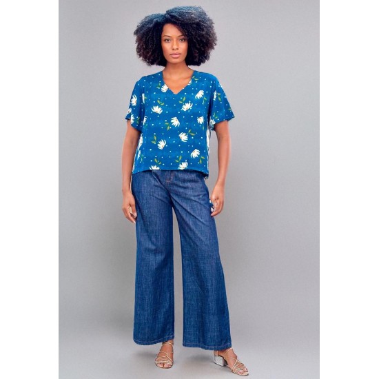 Blusa Gola V Manga Ampla Curta Estampa Azul Florido