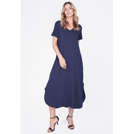 Vestido Midi Abapã Malha com Bolso Azul Marinho