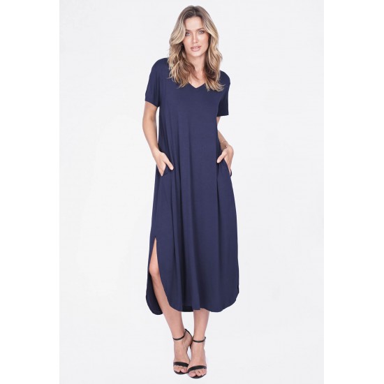 Vestido Midi Abapã Malha com Bolso Azul Marinho