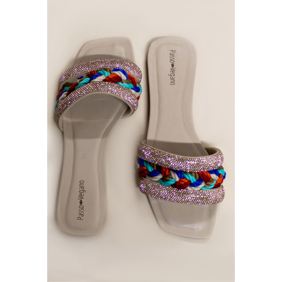 SANDALIA FEMININA CROSS COM TRANÇAS E STRASS NUDE