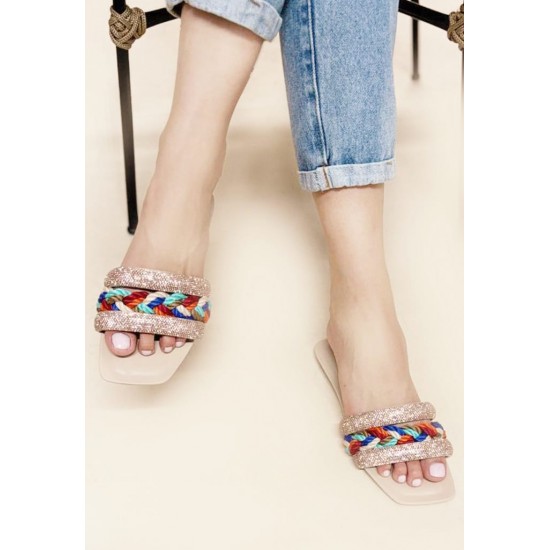 SANDALIA FEMININA CROSS COM TRANÇAS E STRASS NUDE