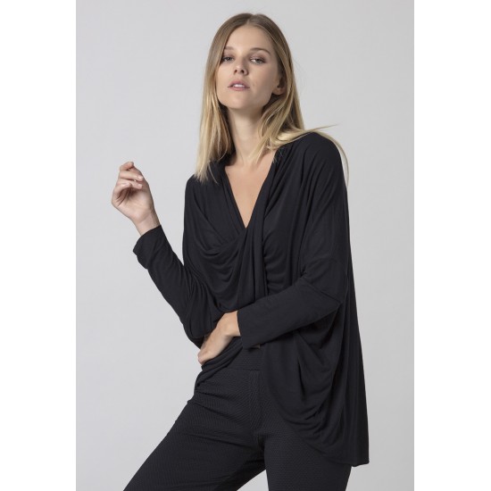 Blusa Drapeada nas Costas Malha Manga Longa Preto