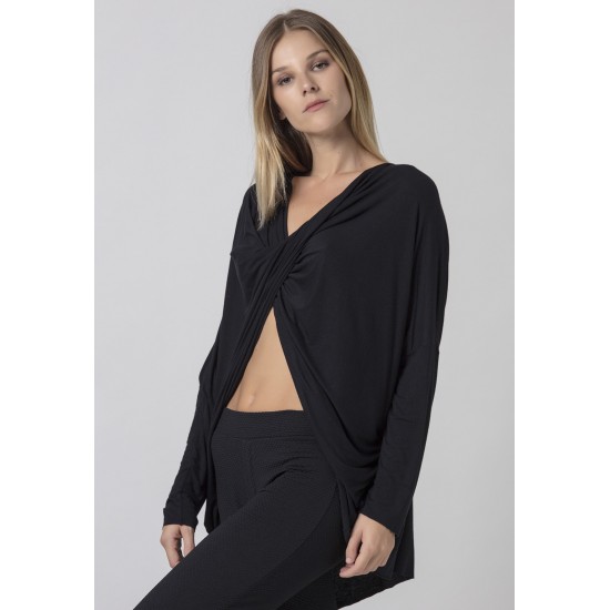 Blusa Drapeada nas Costas Malha Manga Longa Preto