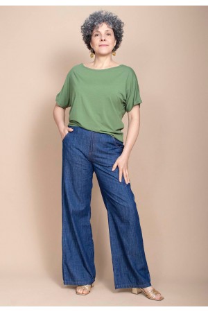 Blusa Básica Morcego Malha Gola Canoa Manga Curta Verde Oliva