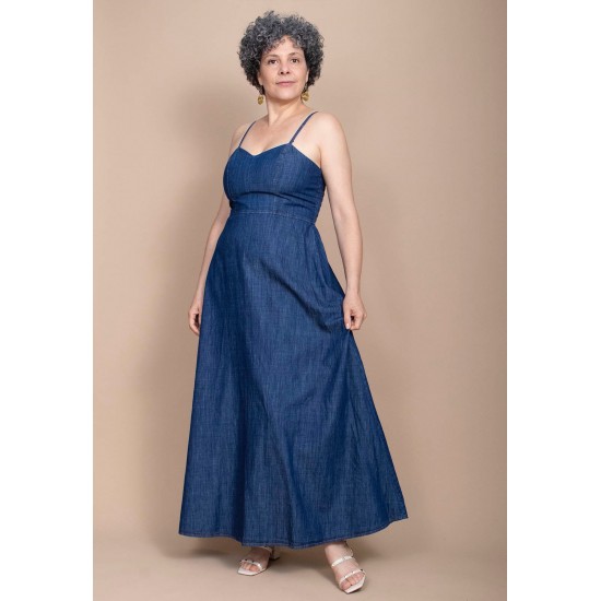  Vestido Jeans Longo com Alça