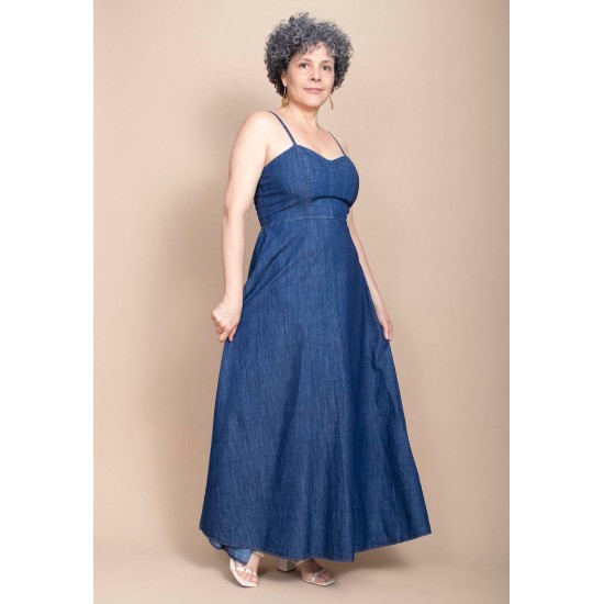  Vestido Jeans Longo com Alça