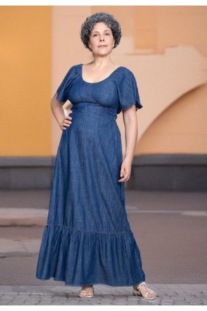  Vestido Jeans Longo com Manga Angel Azul