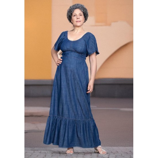  Vestido Jeans Longo com Manga Angel Azul