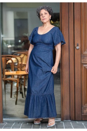  Vestido Jeans Longo com Manga Angel Azul