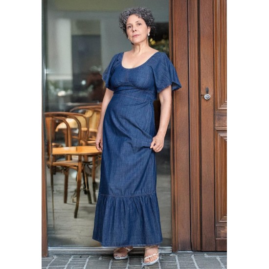  Vestido Jeans Longo com Manga Angel Azul
