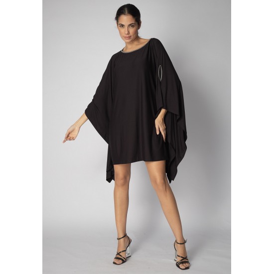 Vestido Kaftan Malha Glória Curto Preto e Detalhe Mescla