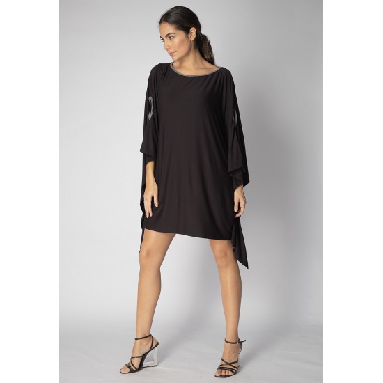 Vestido Kaftan Malha Glória Curto Preto e Detalhe Mescla