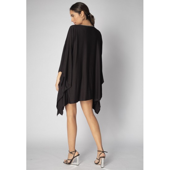 Vestido Kaftan Malha Glória Curto Preto e Detalhe Mescla