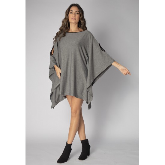 Vestido Kaftan Malha Glória Curto Mescla e Detalhe Preto