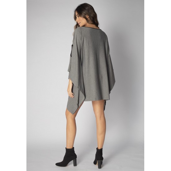 Vestido Kaftan Malha Glória Curto Mescla e Detalhe Preto