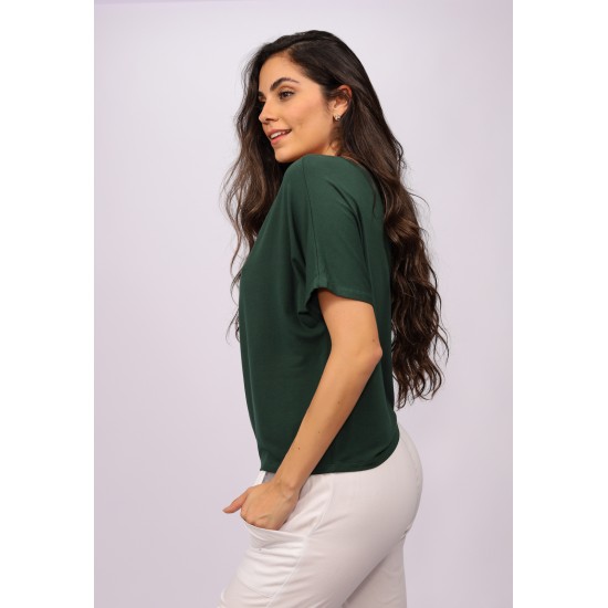 Blusa Básica Morcego Malha Gola Canoa Manga Curta Verde Musgo