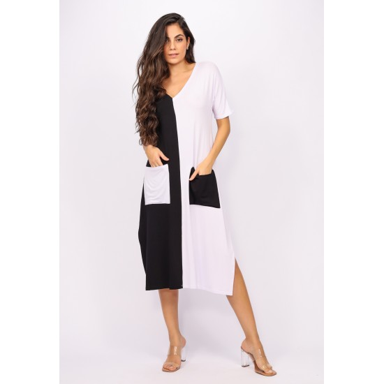 Vestido Midi Reto Malha com Bolso na Frente Preto e Branco