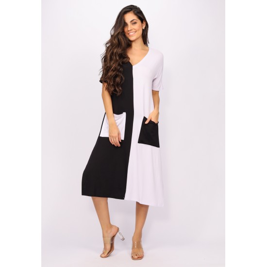 Vestido Midi Reto Malha com Bolso na Frente Preto e Branco