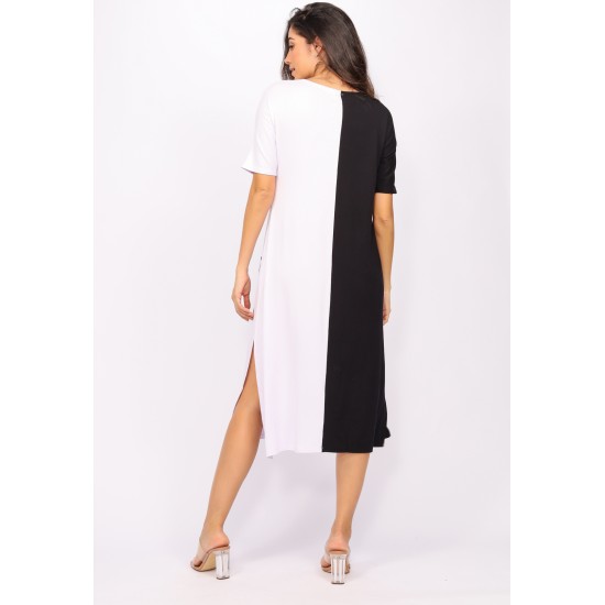 Vestido Midi Reto Malha com Bolso na Frente Preto e Branco