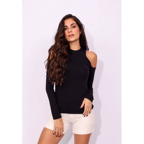 Blusa Nadador com Manga e Recorte no Ombro Preto