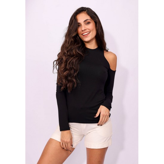 Blusa Nadador com Manga e Recorte no Ombro Preto