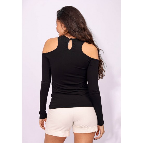 Blusa Nadador com Manga e Recorte no Ombro Preto