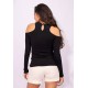Blusa Nadador com Manga e Recorte no Ombro Preto