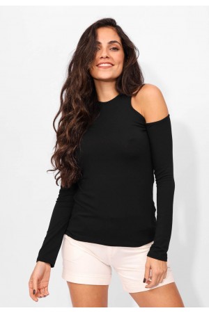 Blusa Nadador com Manga e Recorte no Ombro Preto