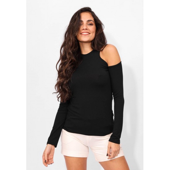 Blusa Nadador com Manga e Recorte no Ombro Preto