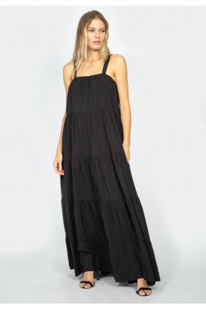 Vestido Longo Goivira Viscose Camadas Preto