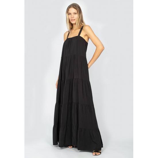 Vestido Longo Goivira Viscose Camadas Preto