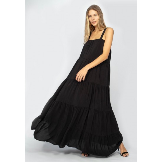Vestido Longo Goivira Viscose Camadas Preto