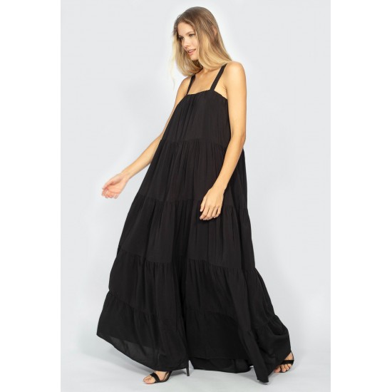 Vestido Longo Goivira Viscose Camadas Preto